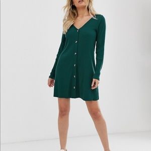 Ribbed Button Swing Dress / Forest Green